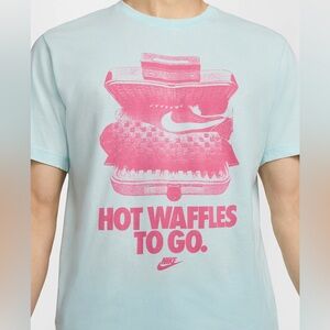 Nike, light blue, Women’s M, “waffles to go”, tee.